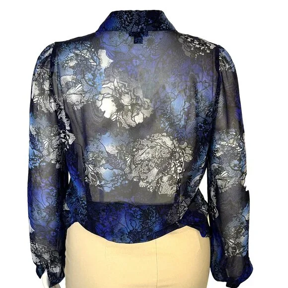 East 5th Blouse Button Up Womens L Semi Sheer Black Blue Abstract Long Sleeve - Picture 8 of 13